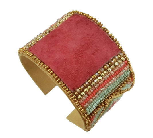Dusky Rose Suede Cuff Bracelet with Hand Beading