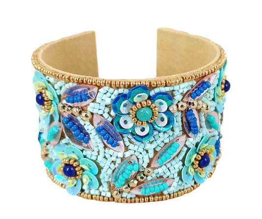 Hand Beaded Floral Blue and Aqua Cuff Bracelet