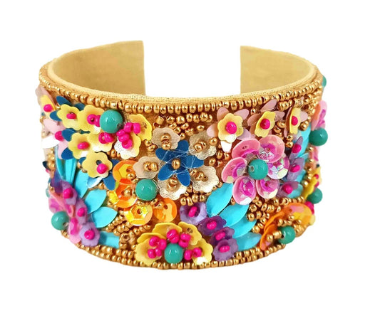 Hand Beaded Multi Coloured Floral Cuff Bracelet