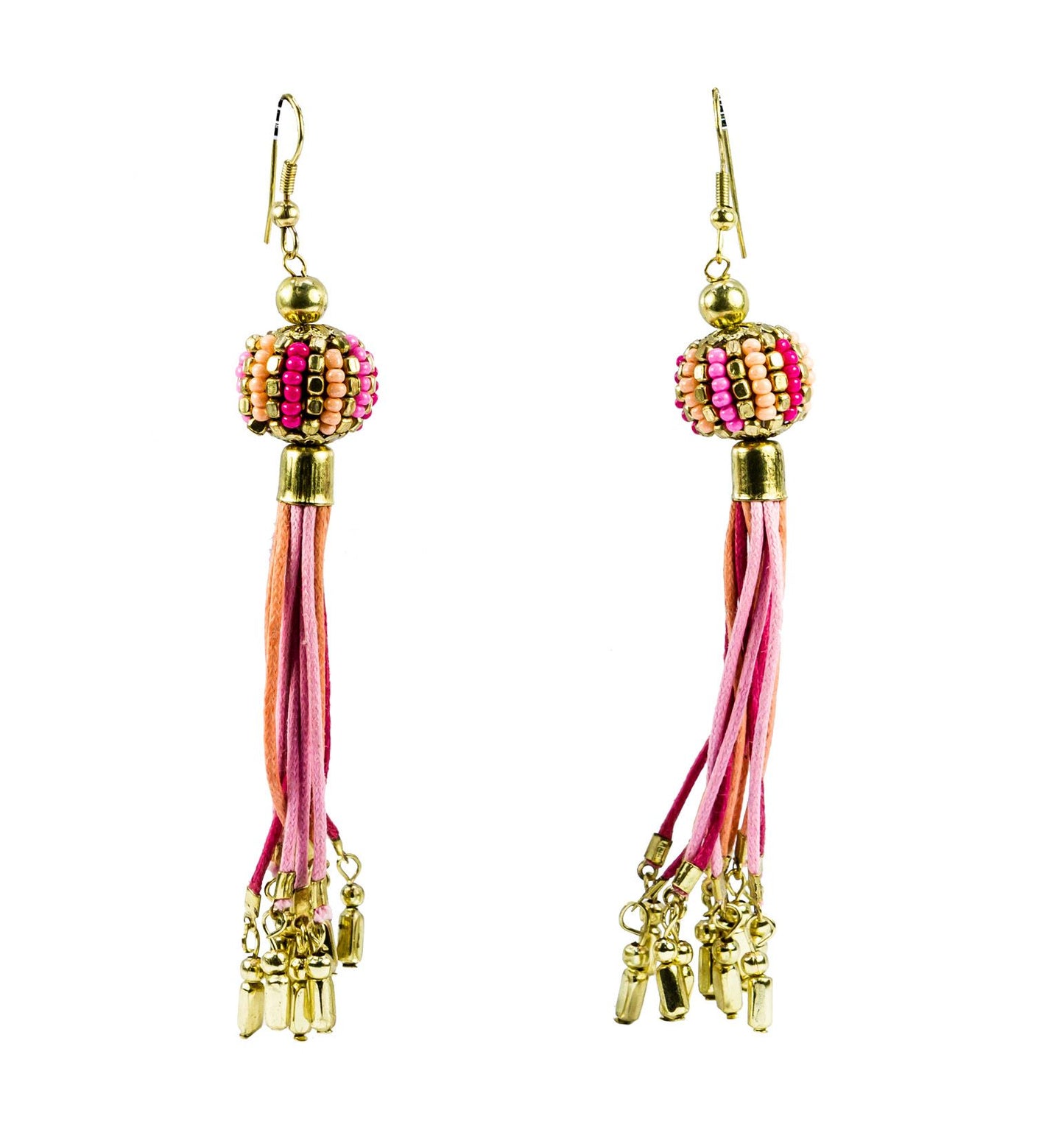 Pink Leather and Hand Beaded Tassel Earrings