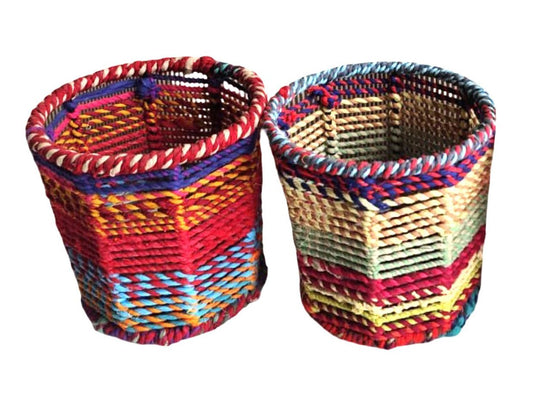 Eclectic Multi-Colored Chindi Woven Planters – Set of 2