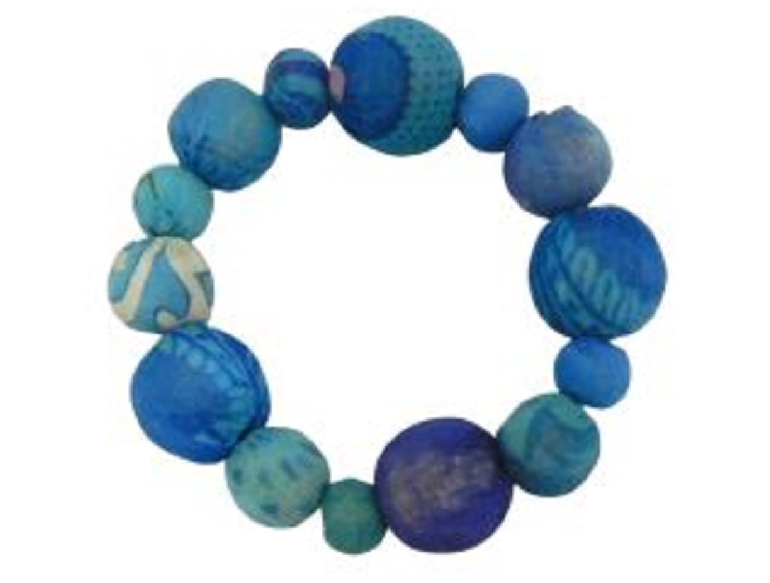 Recycled Fabric Blue Beaded Stretch Bracelet