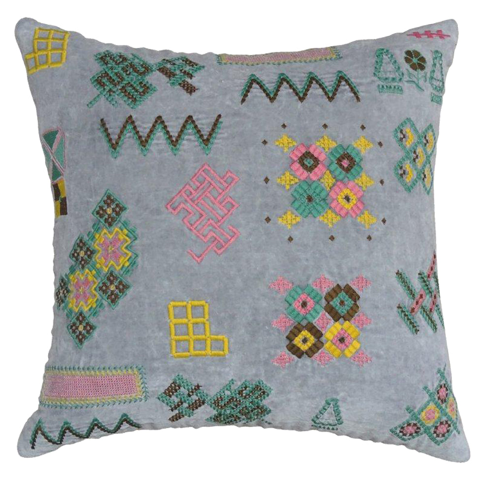 Pale Grey Velvet Embroidered Cushion