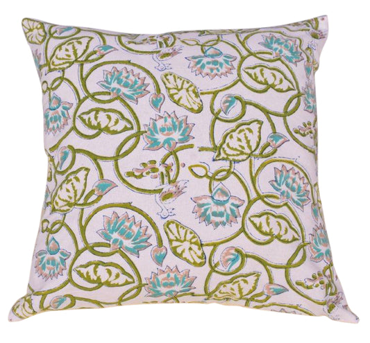 Beige Cushion with Block Print Jade Florals