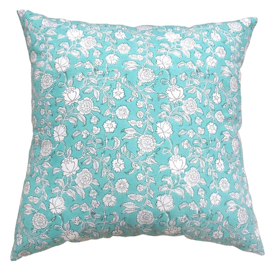 Turquoise & White Cotton Block Print Cushion