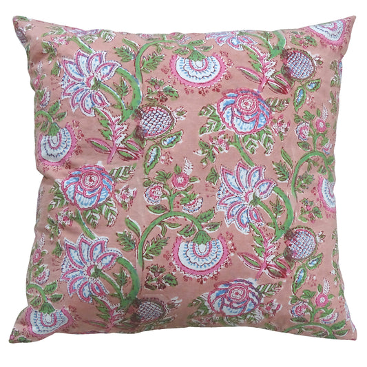 Pink & Floral Block Printed Cushion