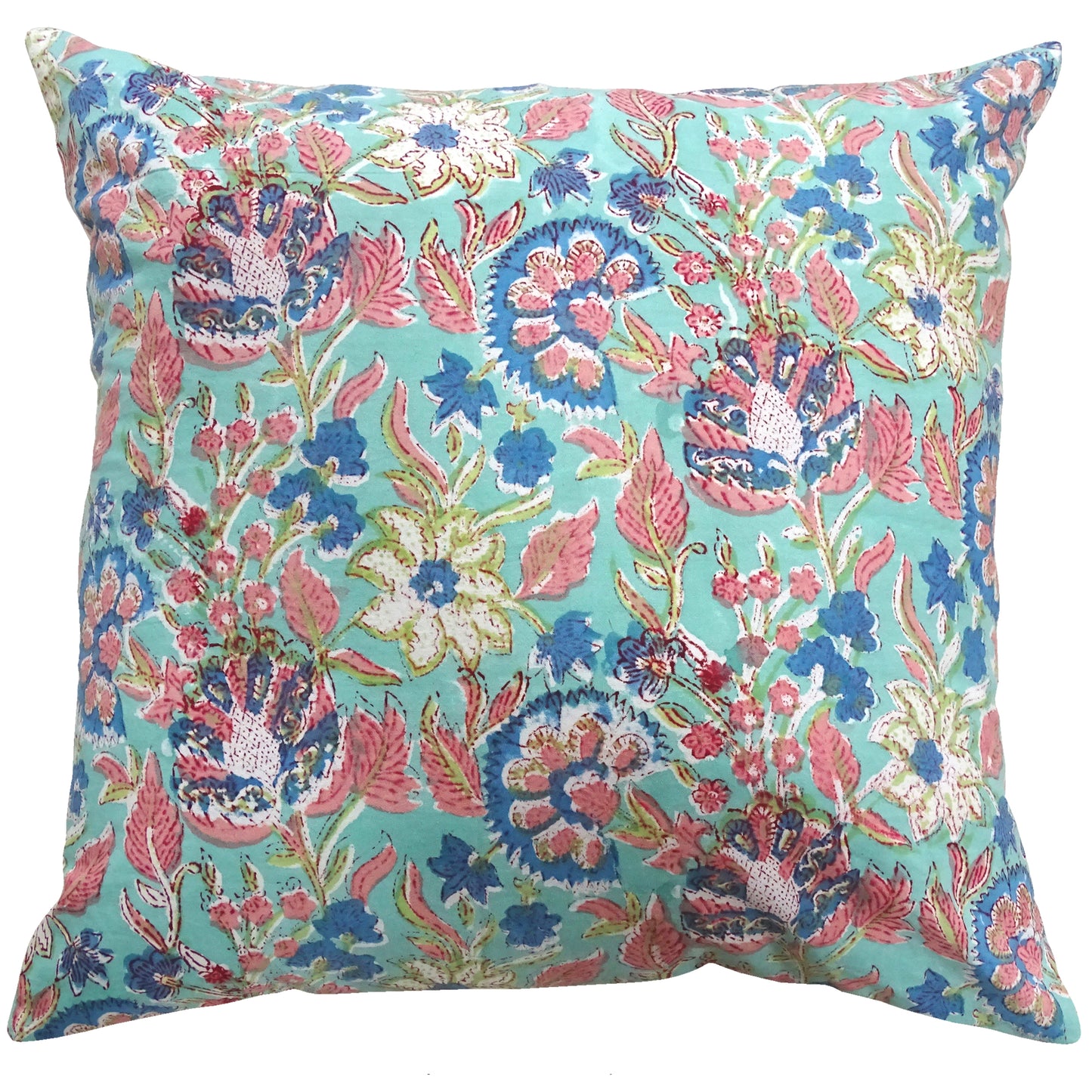 Turquoise /pink block printed cotton cushion