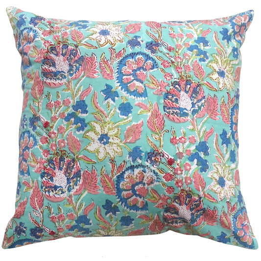 Turquoise Foral Block Print Boho Cushion