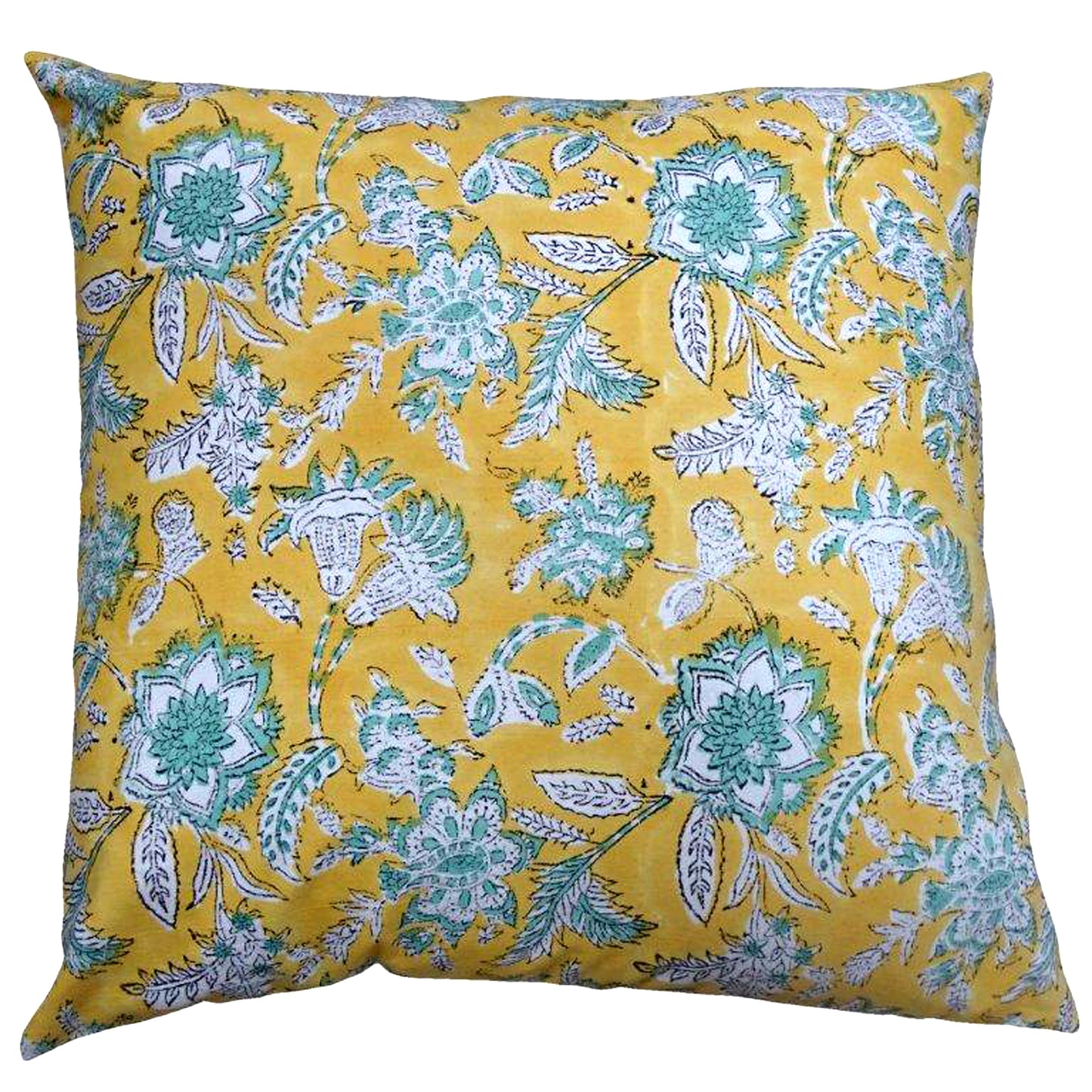 Yellow, Turquoise & White Block Printed Cushion