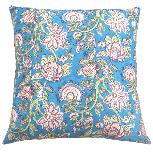 Blue & pink block print cotton cushion