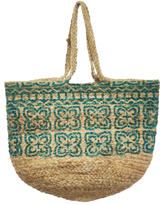 Jute bag with turquoise block print design