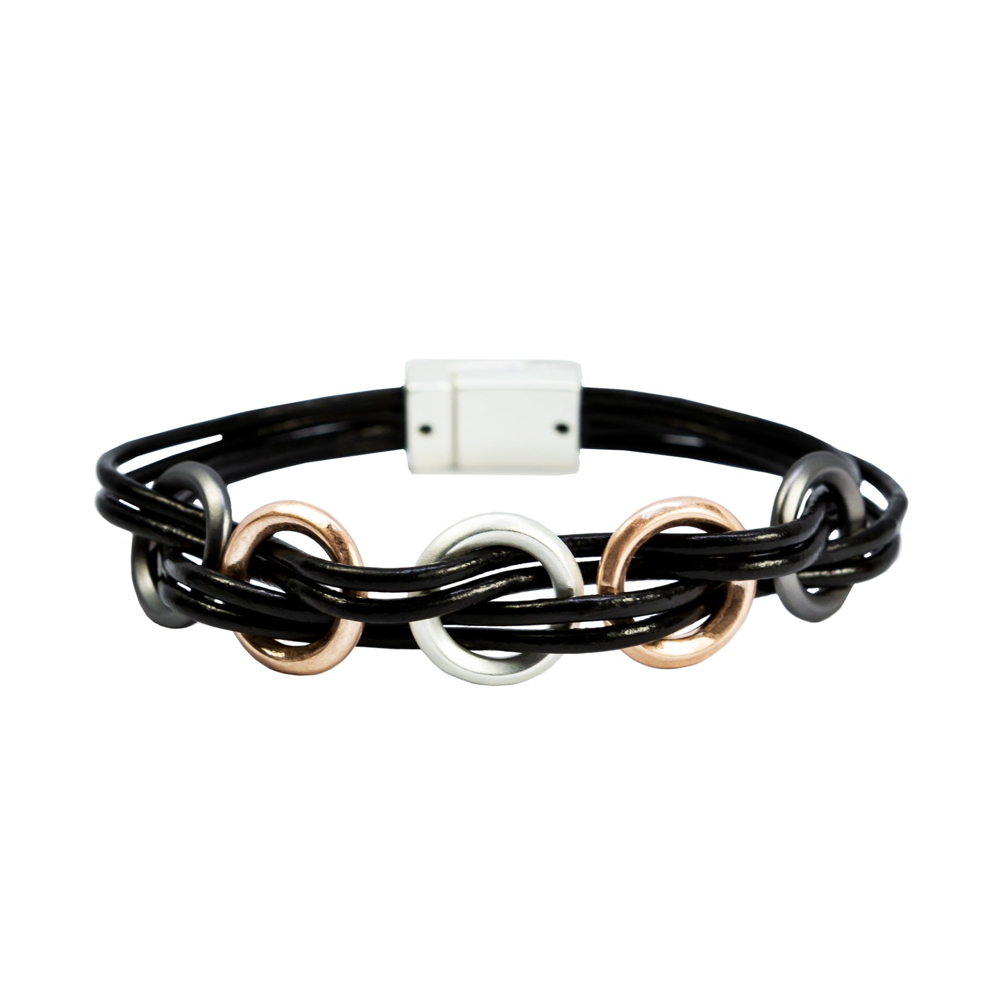 Bohemia Grey Leather Bracelet with Rose Gold and Silver Circles