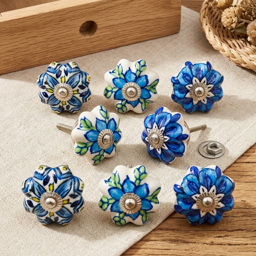 Set of 6 Indigo Flora Knobs