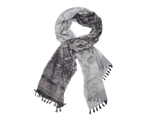 Aubergine and Grey Patterned Cotton Scarf with Tassels