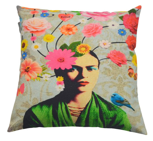 Grey floral Frida kahlo cushion