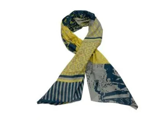 Multi Patterned Yellow and Navy Cotton Scarf