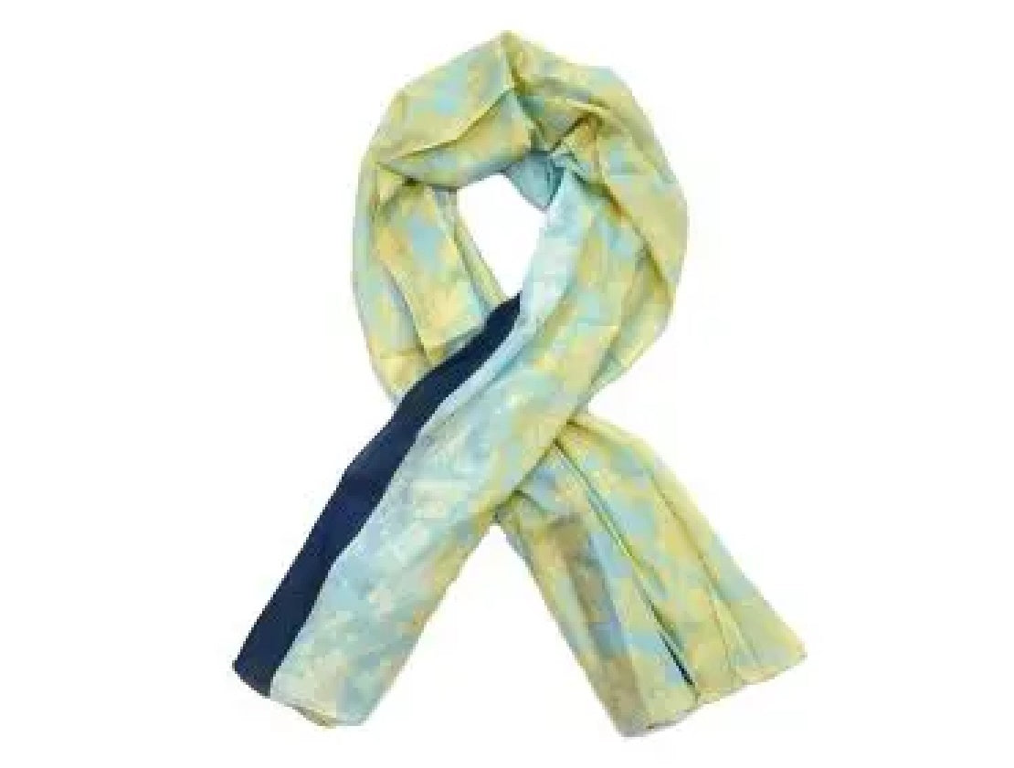 Sky Blue and Yellow Patterned Cotton Scarf with Navy Border