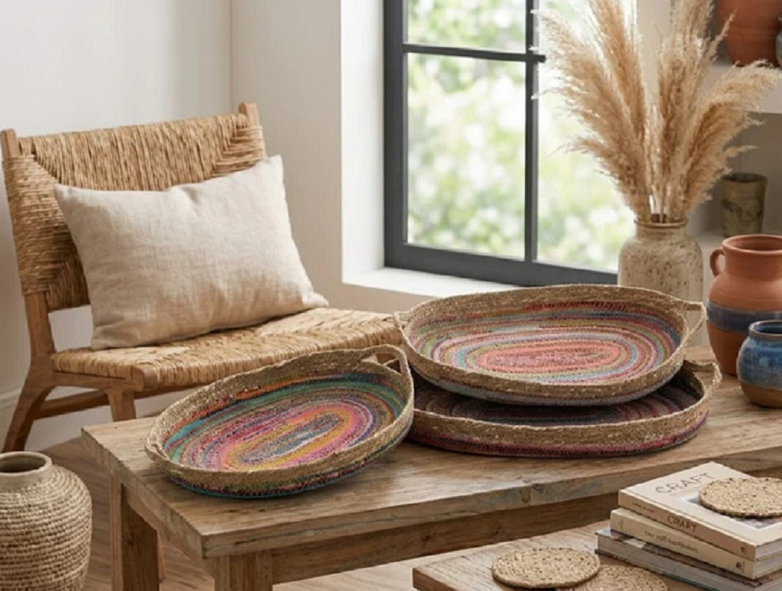 Eclectic Recycled Sari & Jute Oval Trays – Set of 3