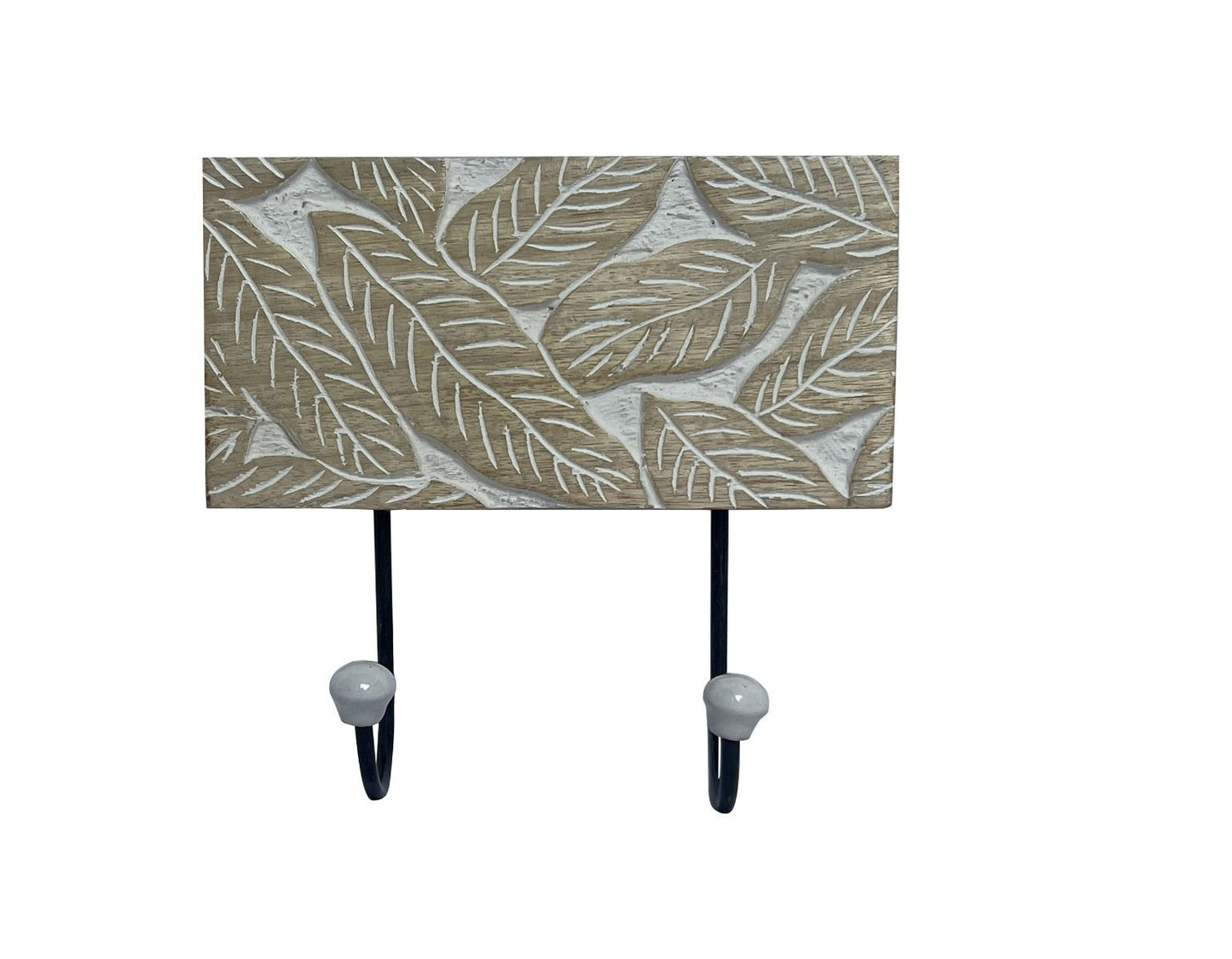 Natural Wooden Double Wall Hook with Hand Carved Leaves