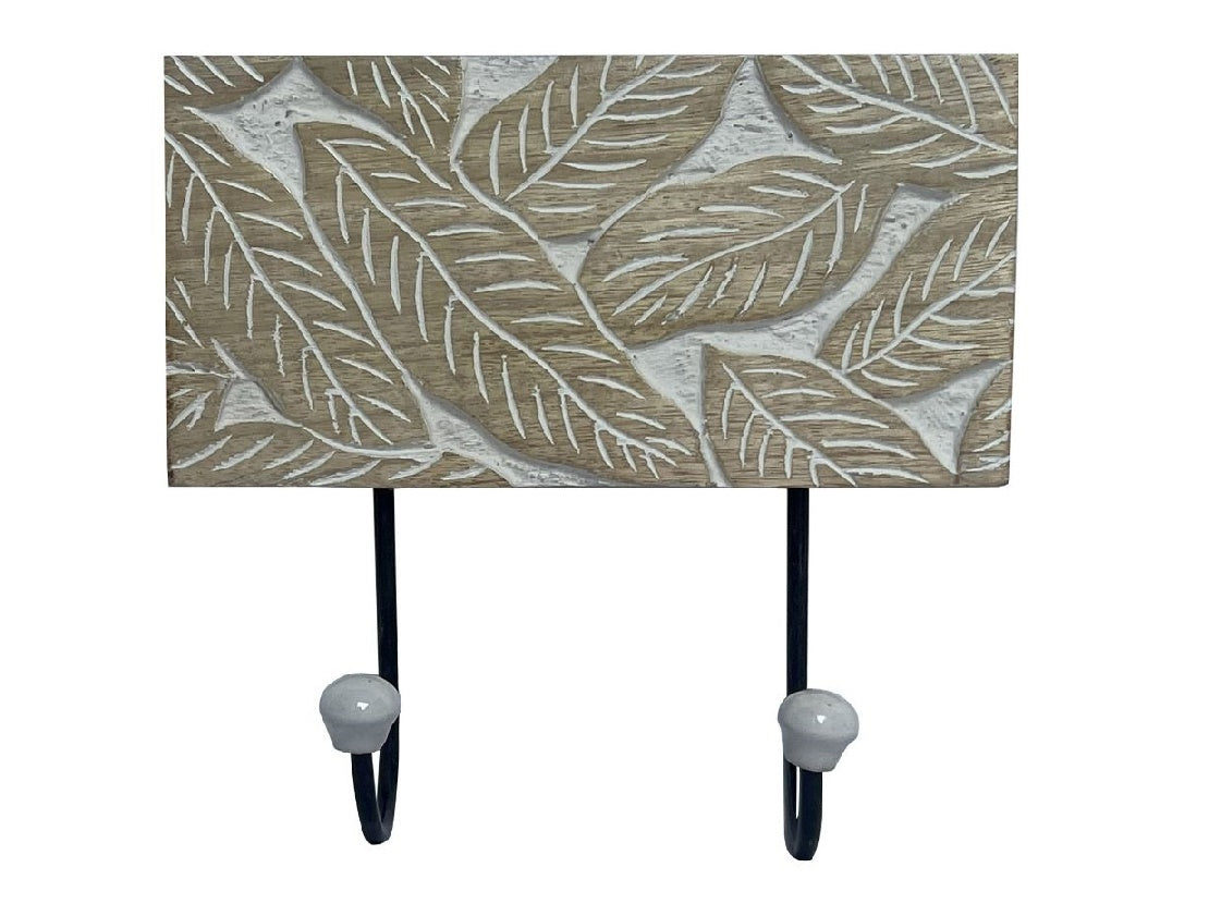 Natural Wooden Double Wall Hook with Hand Carved Leaves