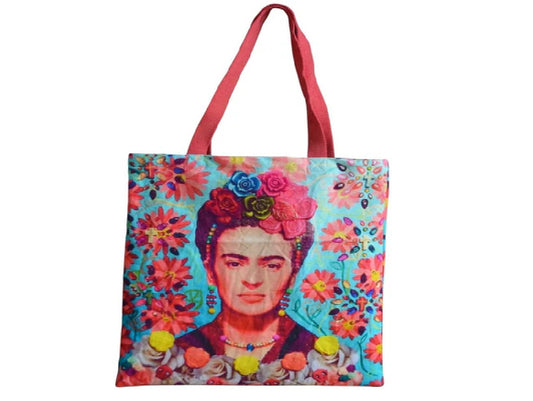 Sky Blue and Floral Frida Canvas Bag