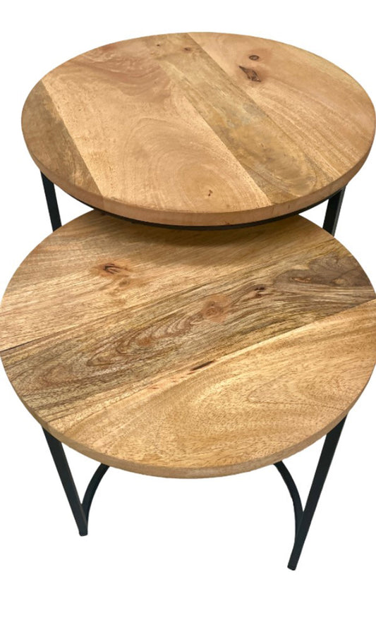 Set of 2 Natural Wood Tables with Iron Legs