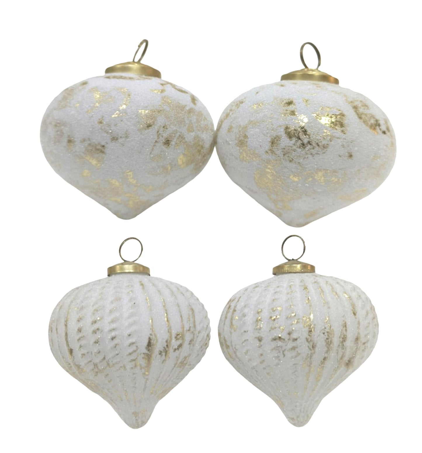 Set of 4 White Glass Onion Shaped Baubles