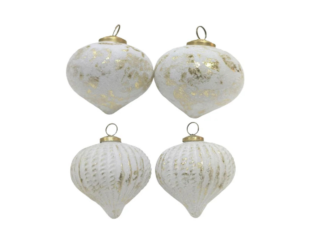 Set of 4 White Glass Onion Shaped Baubles