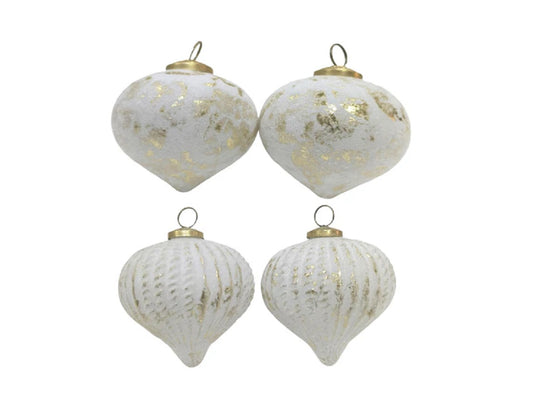 Set of 4 White Glass Onion Shaped Baubles