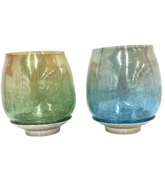 Set of 2 Glass Votives in Green & Blue