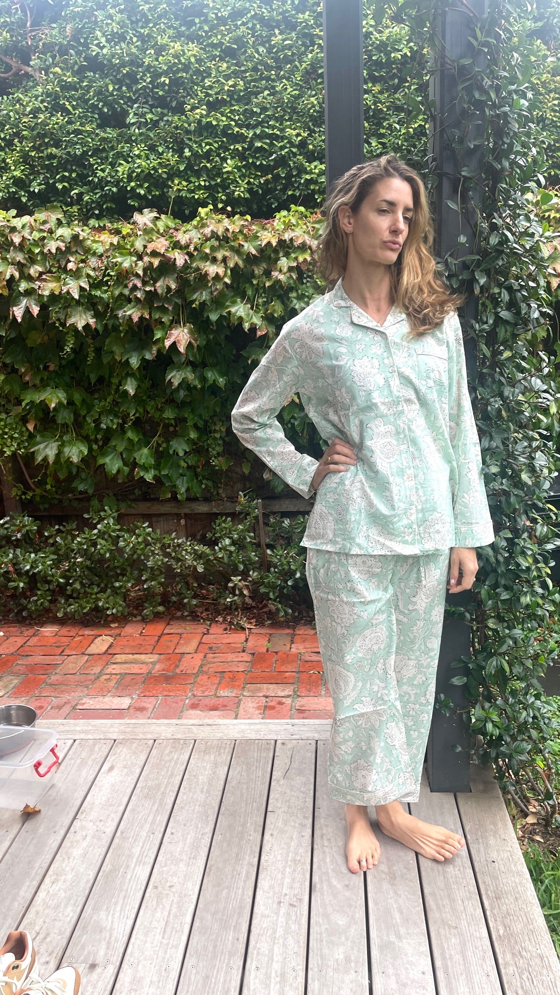 Quality Cotton Pyjamas in Sage & White Printed Pattern
