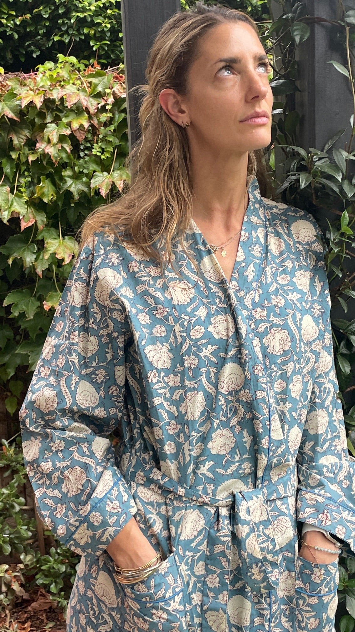 Quality Cotton Kimono in Blue Steel Block Print