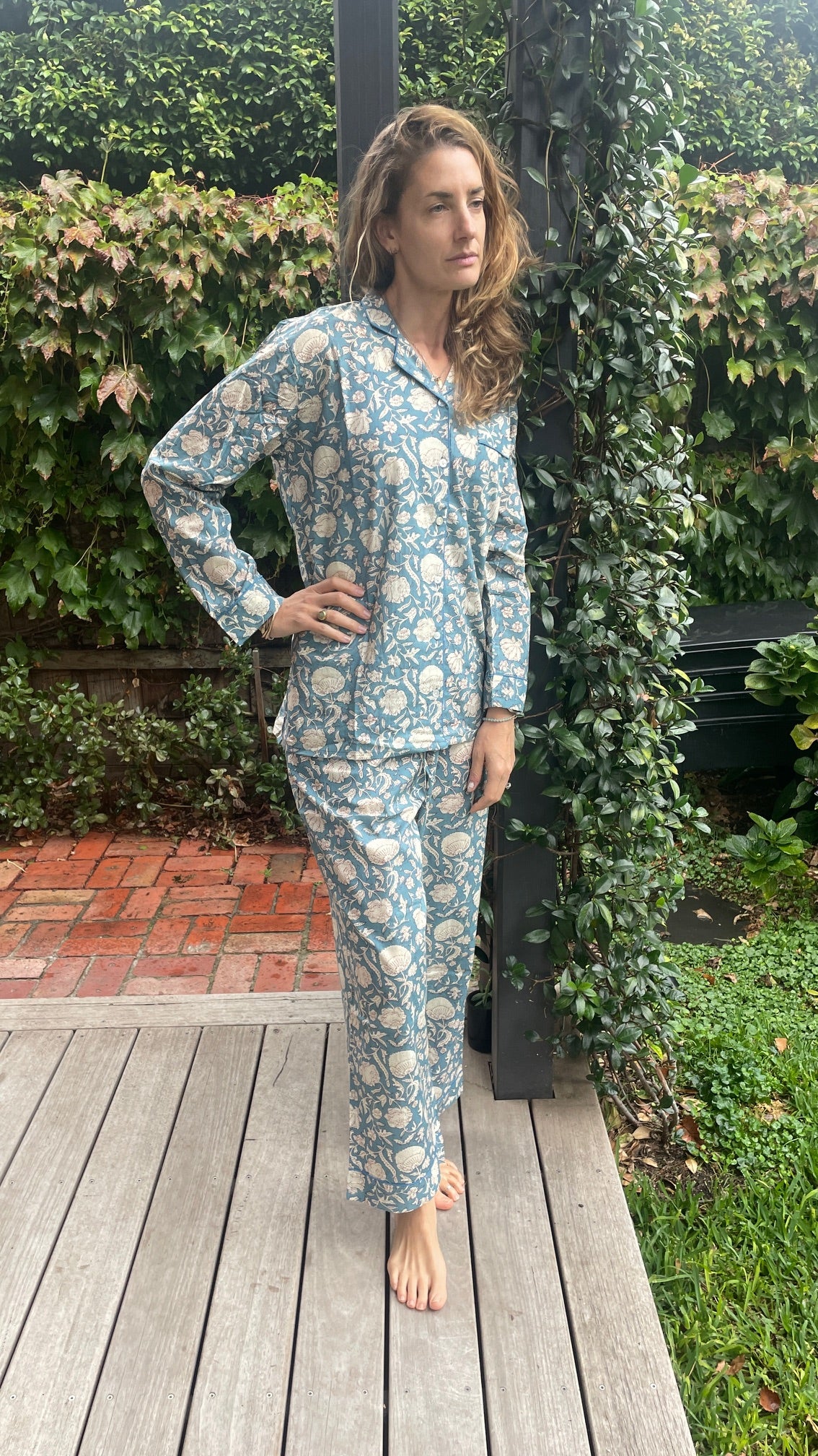 Quality Cotton Pyjamas in Blue Steel Block Print