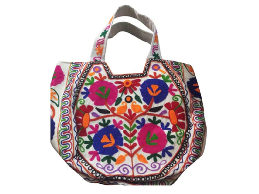 Embroidered cotton bag with large floral design