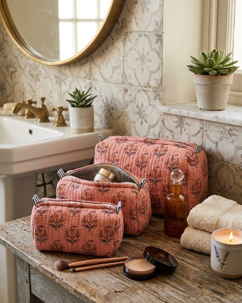 Jaipur Rose Kantha Trio Pouch Set