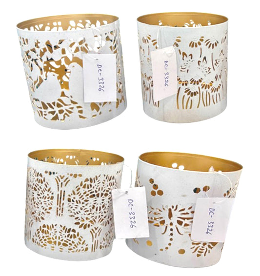 Set of 4 Cutout Design White Candle Holders with Gold Lining