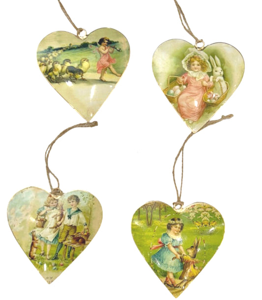 Set of 4 Hearts with Children & Rabbit Design