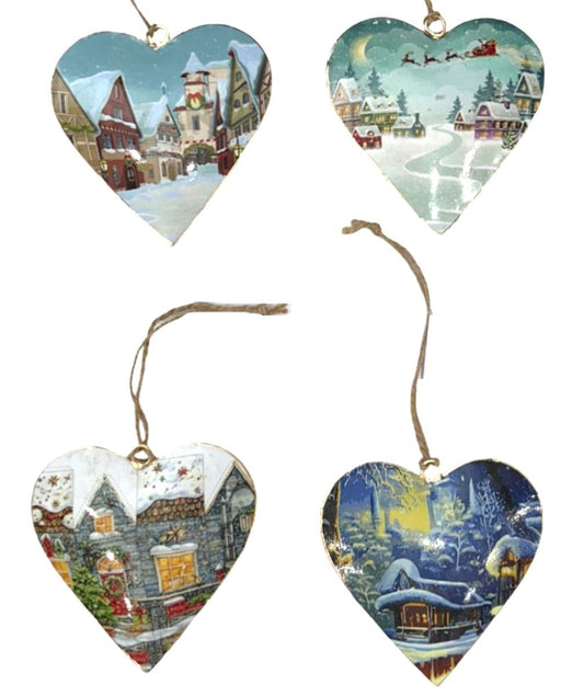 Set of 4 Hanging Hearts with White Christmas Scene