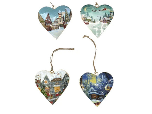 Set of 4 Hanging Hearts with White Christmas Scene