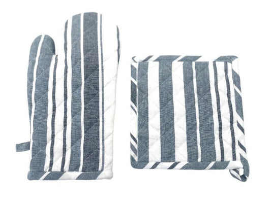 Blue Grey white Stripe Pot Holder & Mitt Set