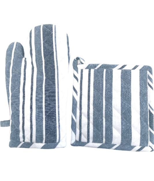 Blue Stripe Pot Holder & Mitt Set