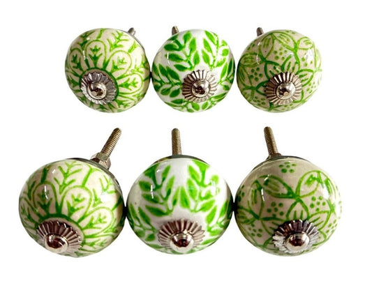 Set of 6 Matching Green & White Knobs