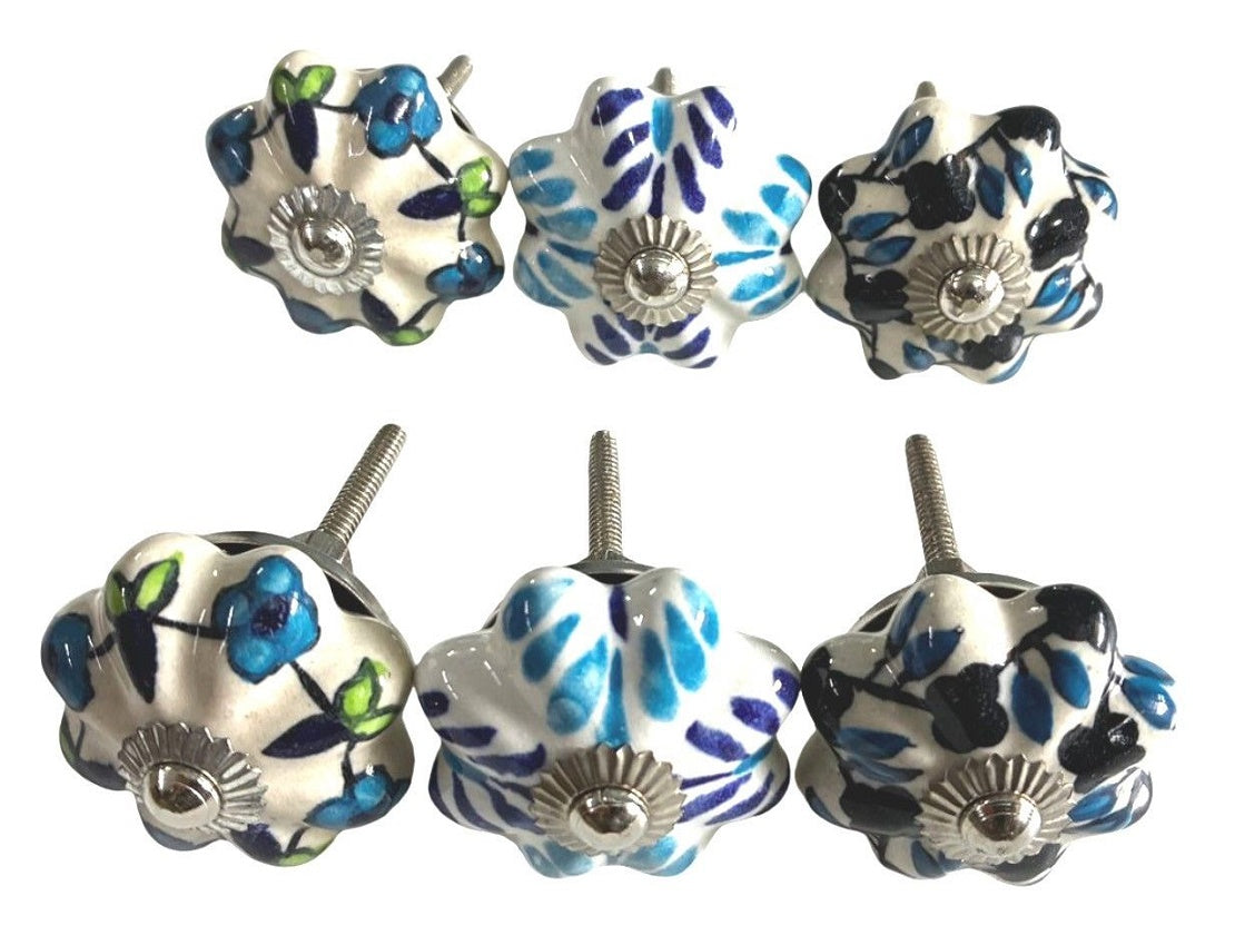 Set of 6 Two Blue & Lime Fluted Knobs