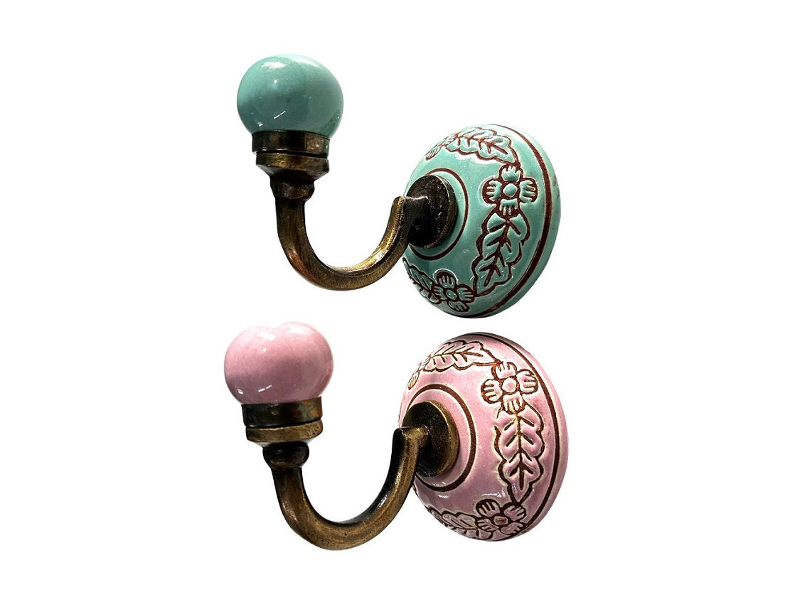 Pink & Turquoise Ceramic Flower & Leaf Hooks