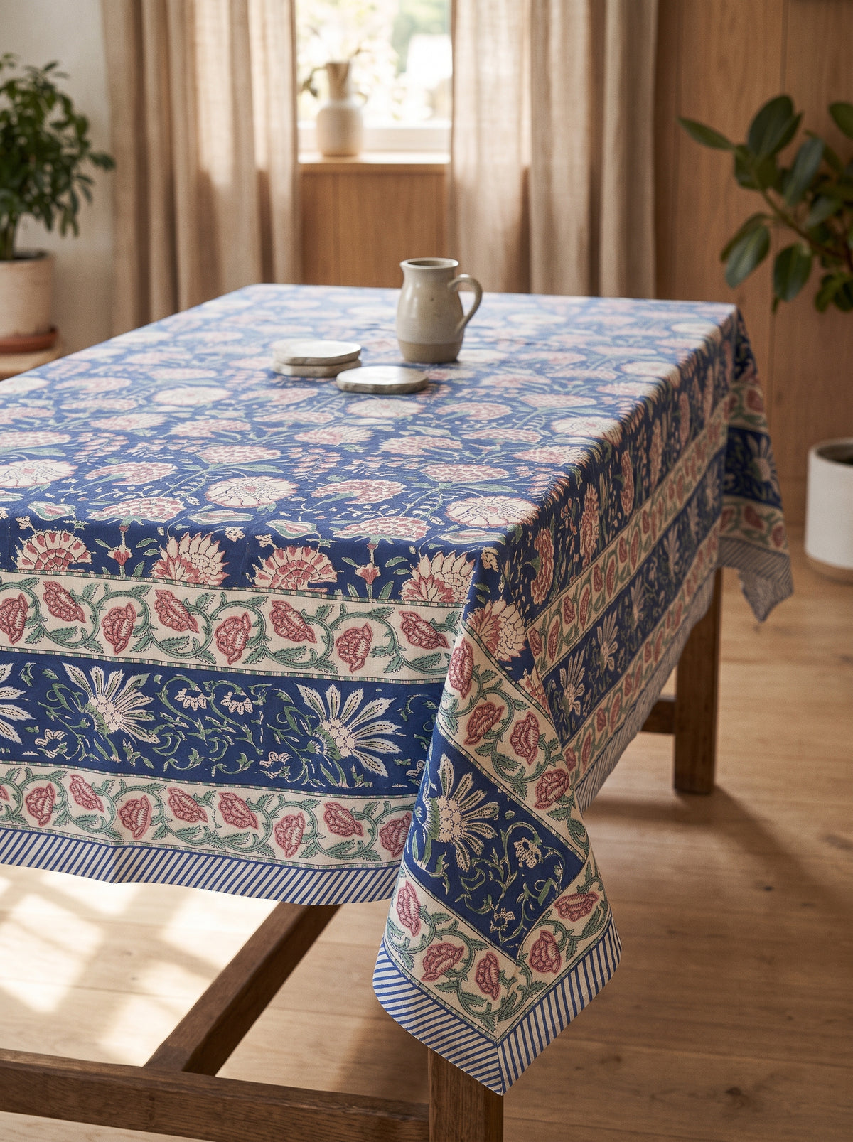 Berry Carnation and Prussian Block Print Tablecloth