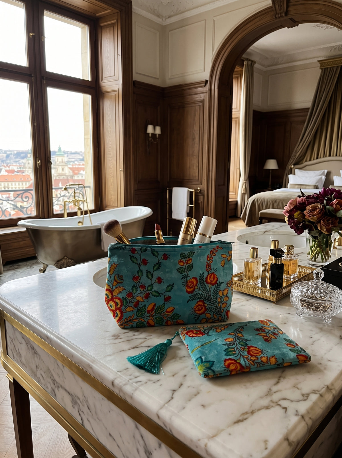 Velvet Chintz Pouch Duo in Turquoise