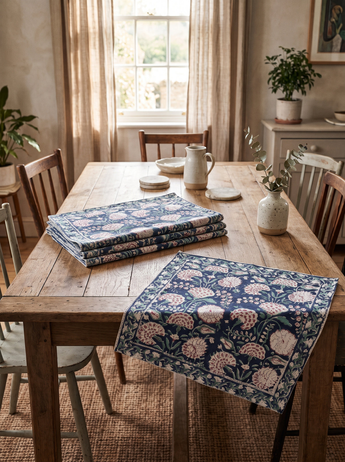 Berry Carnation and Prussian Block Print Napkin Set