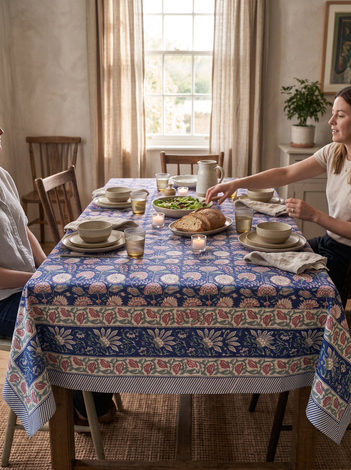 Berry Carnation and Prussian Block Print Tablecloth