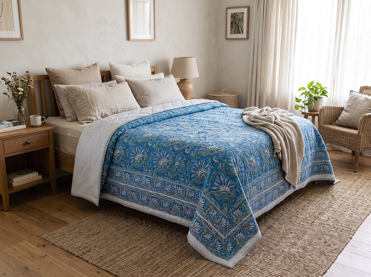 Indigo Bloom Cotton Quilt