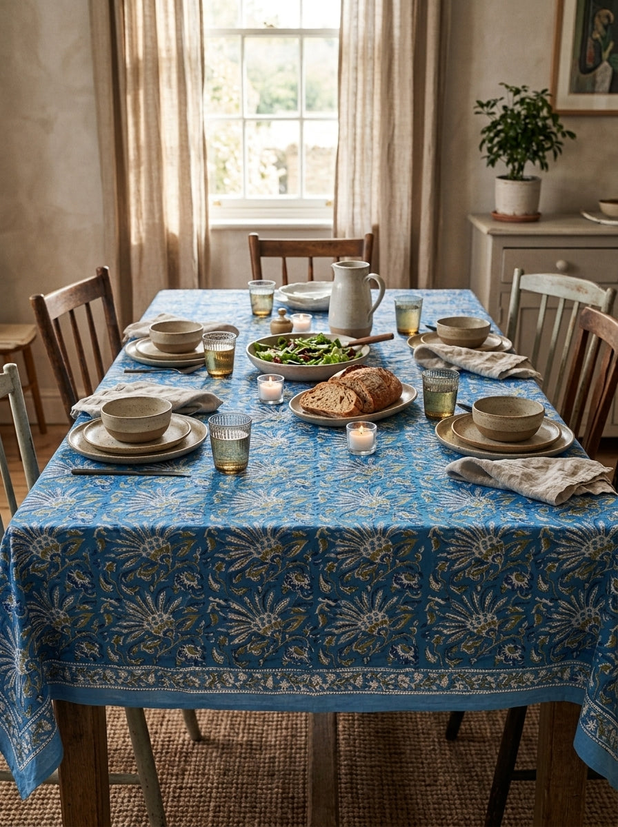 Royal Azure Block Printed Tablecloth